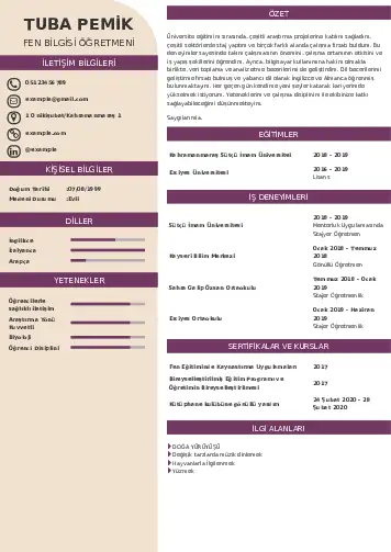 Fen Bilgisi Öğretmeni CV Örnekleri cv indir
